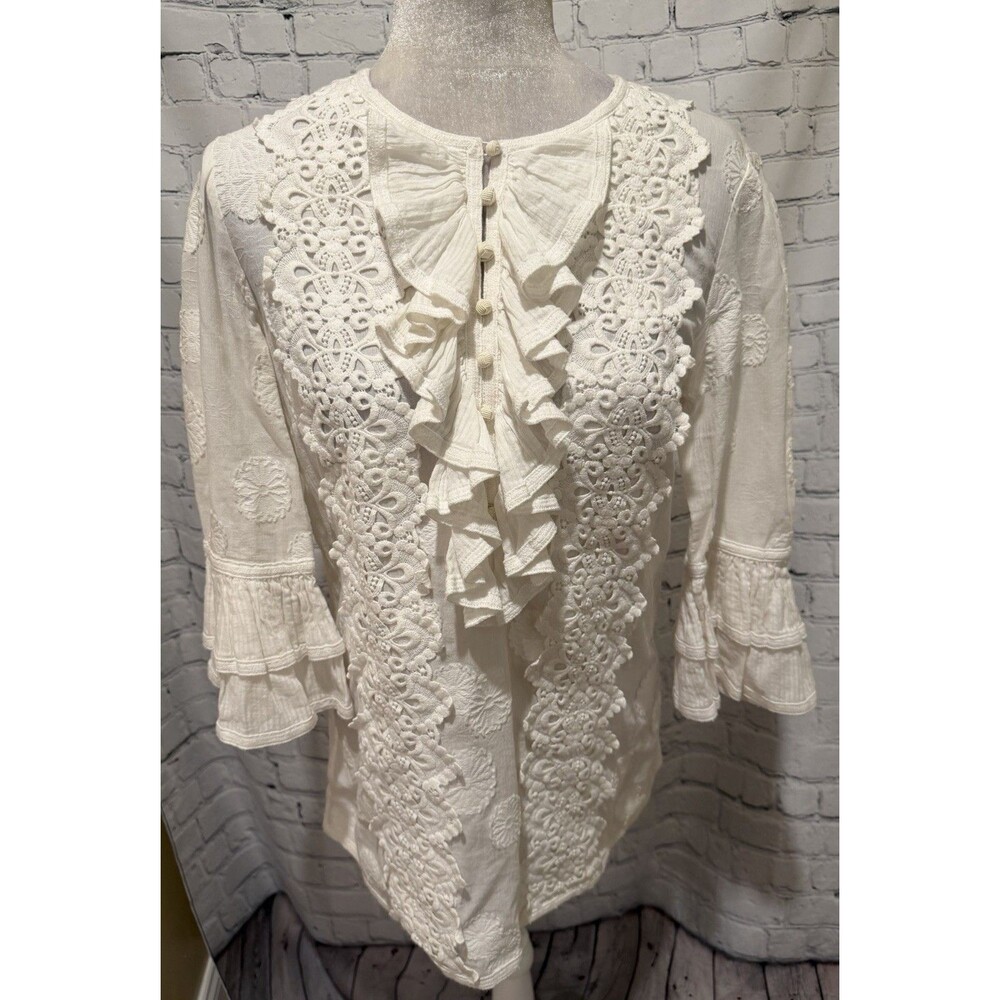 ETCETERA White Ruffled Embroidered 3/4 Bell Sleeve Shabby Chic Frilly Top Size 6
